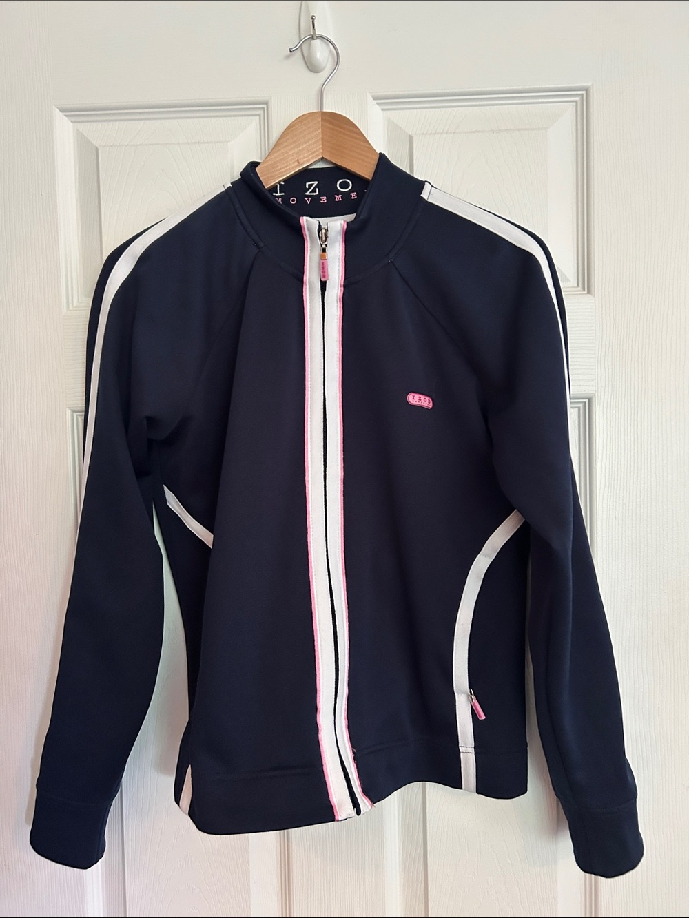 Izod Navy Women’s Zip Jacket with White & Pink Trim, size large